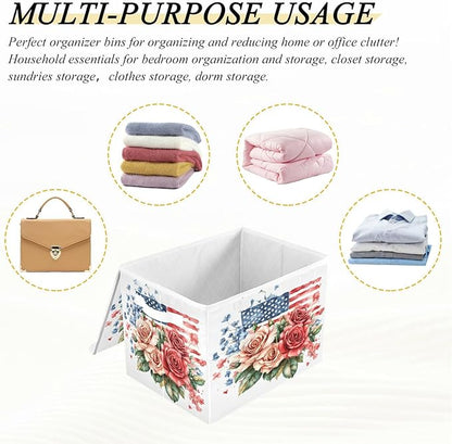 senya July Fourth Baskets Collapsible Storage Bins with Lids, Roses Gypsophila Flag Storage Boxes Clothes Baskets for Organizing
