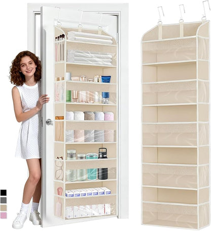 5 Layers Over The Door Organizer with Clear Window, 10 Mesh Side Pockets and 3 Hooks, 1 Pack Large Pockets Heavy Duty Hanging Storage for Bedroom/Bathroom/Pantry/Nursery (Beige-1)