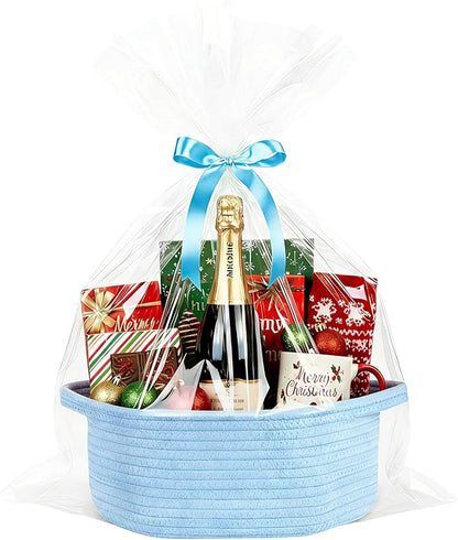 ShellKingdom Storage Basket with Handles, Empty Gift Basket with Gift Bags and Ribbon, Small Woven Baskets for Home, Nursery Storage Organizer, 12 X 8 X 5 INCH, Light Blue