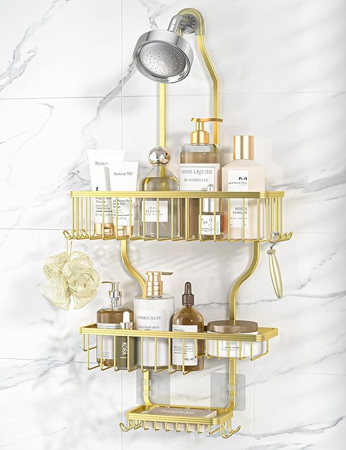 YASONIC Never-Rust Aluminum Hanging Shower Caddy – Over-the-Showerhead Organizer with 10 Hooks for Razor and Sponge – Includes Soap Basket – Gold