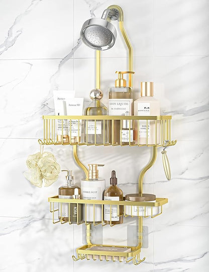 YASONIC Never-Rust Aluminum Hanging Shower Caddy – Over-the-Showerhead Organizer with 10 Hooks for Razor and Sponge – Includes Soap Basket – Gold