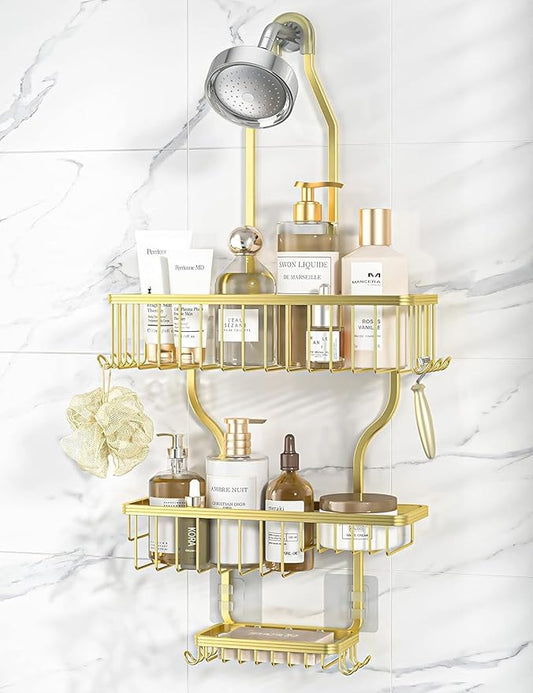 YASONIC Never-Rust Aluminum Hanging Shower Caddy – Over-the-Showerhead Organizer with 10 Hooks for Razor and Sponge – Includes Soap Basket – Gold