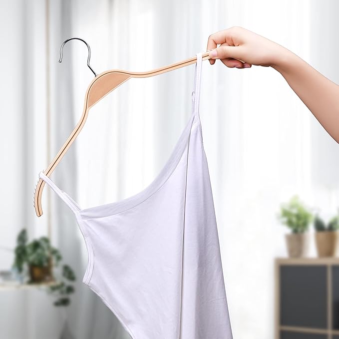 JS Hanger Lightweight Non Slip Wooden Hangers - 30 Pack Heavy Duty Wood Coat Hangers with Soft Stripes for Camisole, Jacket, Dress Clothes, Sweater, Natural Finish