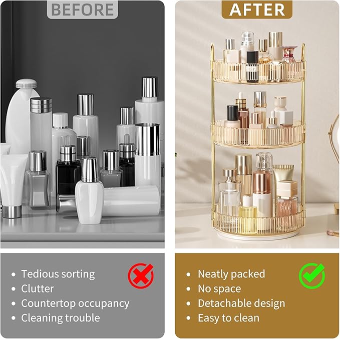 360° Rotating Makeup Organizer, Large Capacity Skincare Organizer, 3 Tier Cosmetic Skin Care Perfume Dresser Organizer, Fits Cosmetics, Perfume, Skin Care, Lipstick