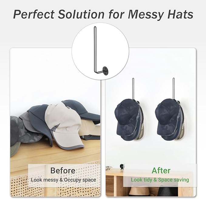 Mkono Hat Organizer for Baseball Caps, Set of 2 Wall Hat Rack 7.9 Inches Space Saving Holds 40 Caps Modern L -Shaped Hat Hooks Wall Mount Hat Holder for Closet Bedroom Storage, Medium, Black
