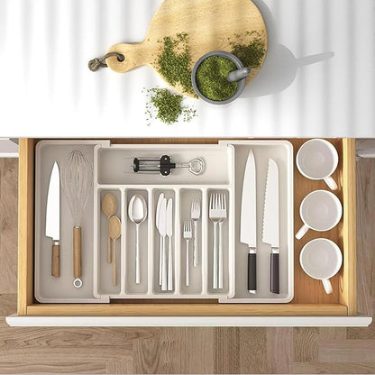 Silverware Drawer Organizer, Plastic Cutlery Storage for Kitchen Drawer, Adjustable Cutlery Organizer, Large Cutlery Tray for Spoons Forks Knives, White
