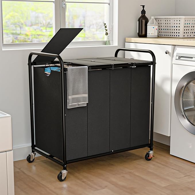 Laundry Sorter 4 Sections 48 Gal, Rolling Laundry Basket with Lockable Wheels and Lid, Laundry Hamper with 4 Separated Removable Bags Dirty Clothes Hamper for Laundry Room Organizer, Black