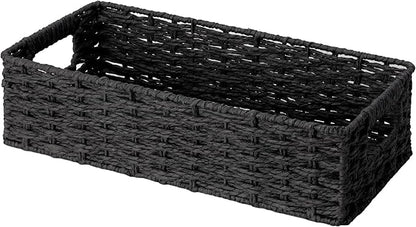 StorageWorks Small Wicker Toilet Basket Tank Topper with Built-in Handles, Toilet Paper Baskets for Back of Tank, Paper Rope Bathroom Basket Organizer and Storage for Rustic Bathroom Decor, Black