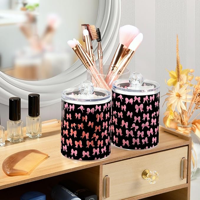 ALAZA 4pcs Funny Bow Black Qtip Holder Dispenser 14 oz Bathroom Storage Clear Apothecary Jars Containers Cotton Ball,Cotton Rounds,Floss Picks, Hair Clips, Food