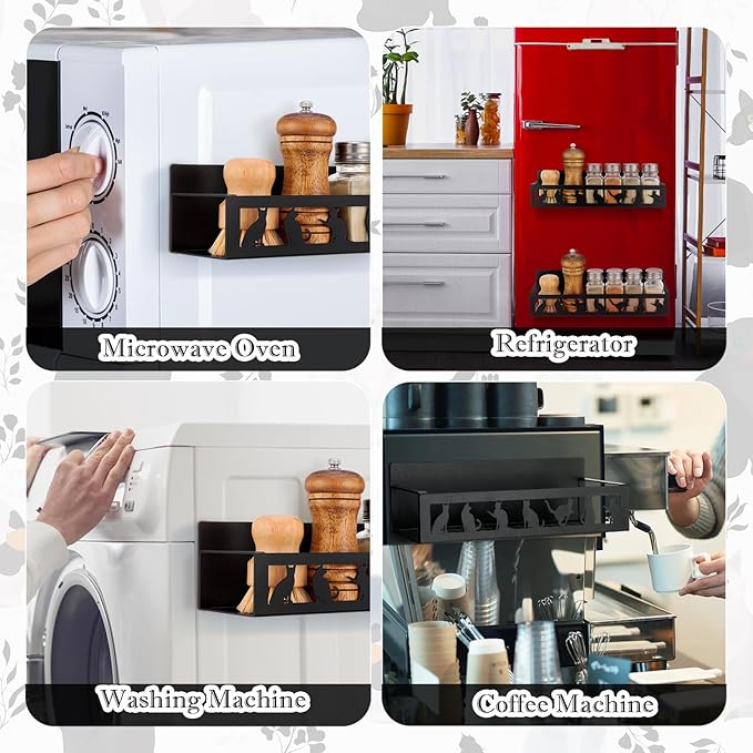 Beeveer 2 Pack Black Cat Magnetic Spice Rack for Refrigerator Metal Magnet Basket Shelf for Fridge Seasoning Storage Organizers Home Decor Kitchen Accessories (Black)