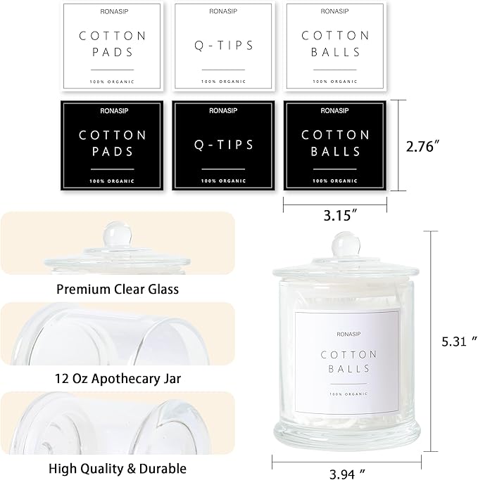 Ronasip 3 Pack Qtip Holder Dispenser, 16oz Bathroom Organizer and Storage Canisters, Glass Apothecary Jars with Lid - Home Decor, Room Decor Aesthetic(Transparent)