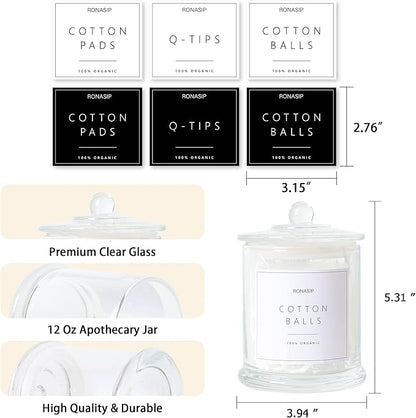 Ronasip 3 Pack Qtip Holder Dispenser, 16oz Bathroom Organizer and Storage Canisters, Glass Apothecary Jars with Lid - Home Decor, Room Decor Aesthetic(Transparent)