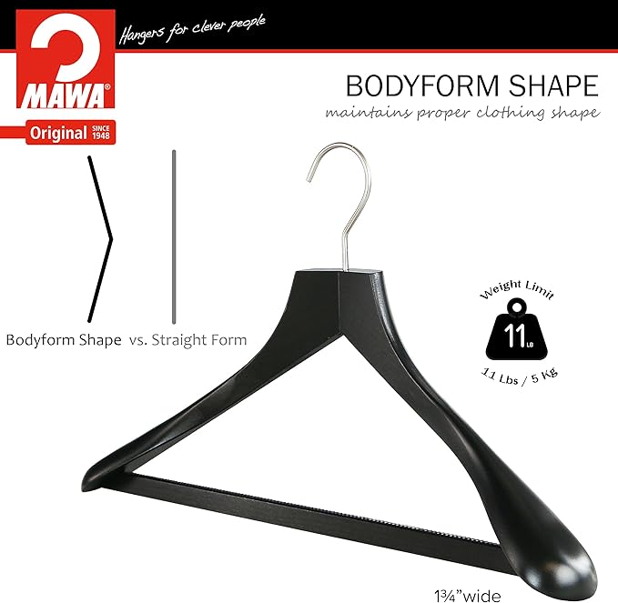 MAWA by Reston Lloyd, European Wooden Hanger, Beech Wood Body Form Hanger with Wide Supportive Shoulders, Rotating Chrome Hook, Black Finish, for Shirts, Blazers, Pants, Dress Clothes, Set of 2