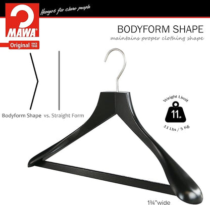 MAWA by Reston Lloyd, European Wooden Hanger, Beech Wood Body Form Hanger with Wide Supportive Shoulders, Rotating Chrome Hook, Black Finish, for Shirts, Blazers, Pants, Dress Clothes, Set of 2