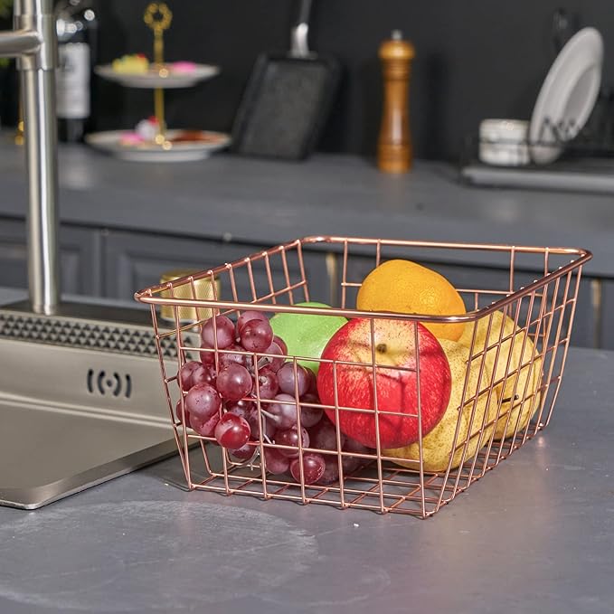 JUNCHU CHERRY Wire Kitchen Storage Basket 5 Packs,Perfect Pantry Organization Accessories Baskets,Laundry Basket,Countertop Organization,Suitable for Kitchen,Bathroom,Bedroom,Tabletop,Rose gold