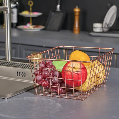 JUNCHU CHERRY Wire Kitchen Storage Basket 5 Packs,Perfect Pantry Organization Accessories Baskets,Laundry Basket,Countertop Organization,Suitable for Kitchen,Bathroom,Bedroom,Tabletop,Rose gold