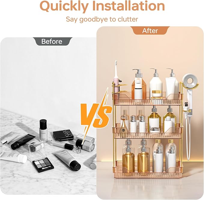 3-Tier Bathroom Countertop Organizer - Amber Acrylic Vanity Trays with Hair Dryer & Toothbrush Holder - Luxury Skincare, Perfume & Makeup Storage Rack for Countertop, Dresser & Cabinet