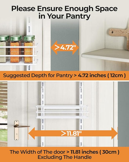 Adjustable 6-Tier Over the Door Pantry Organizer, Spice Rack, Narrow Hanging Shelf for Kitchen Storage and Organization (White)