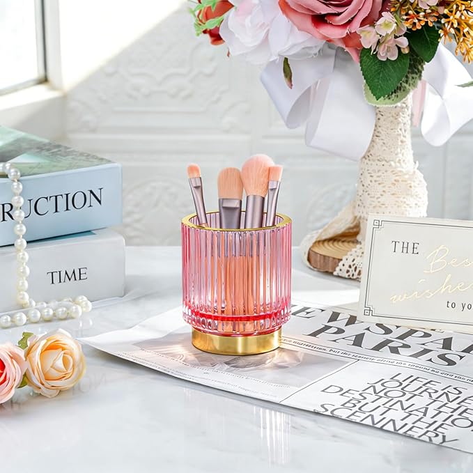 Vintage Makeup Brush Holder Organizer,Dresser Glass Brushes Holder,Vanity Cosmetic Brush Holder,Desktop Crystal Eyeliners Eyebrow Pencil Storage Cup Holder for Countertop (Small Pink)