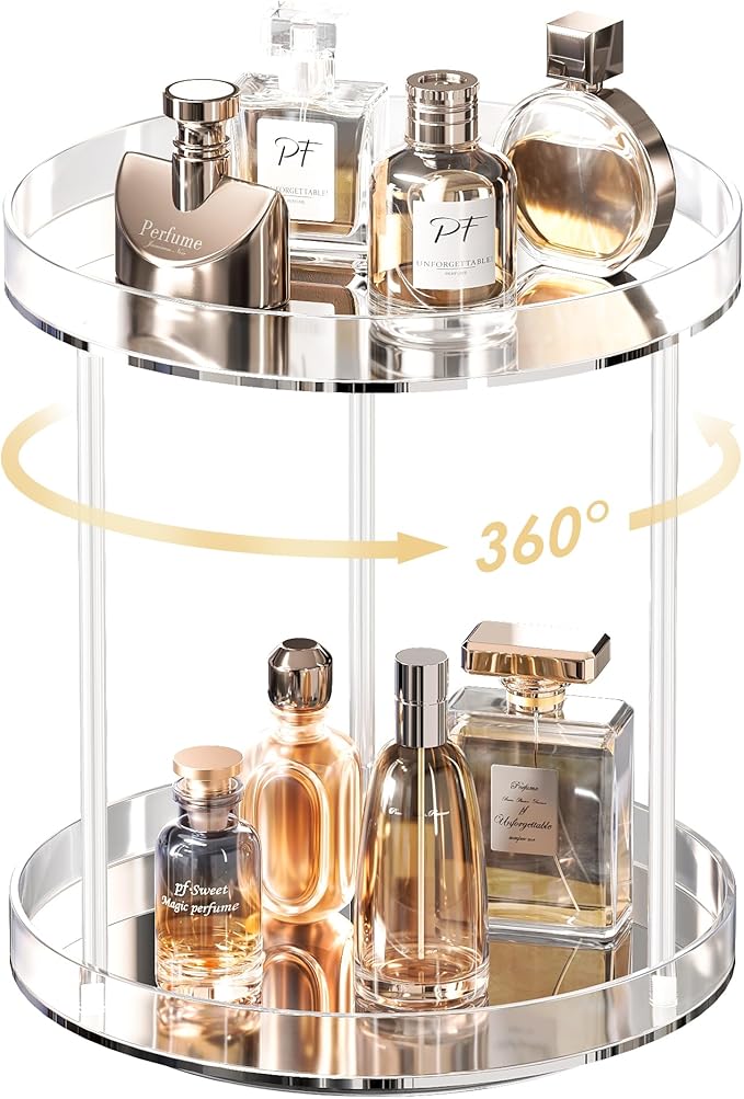 Lolalet 360 Degree Rotating Acrylic Perfume Organizer Stand, 2 Tiers Clear Perfumes Holder Display Rack, Makeup Skincare Organization for Vanity Bathroom Countertop -Large, Clear