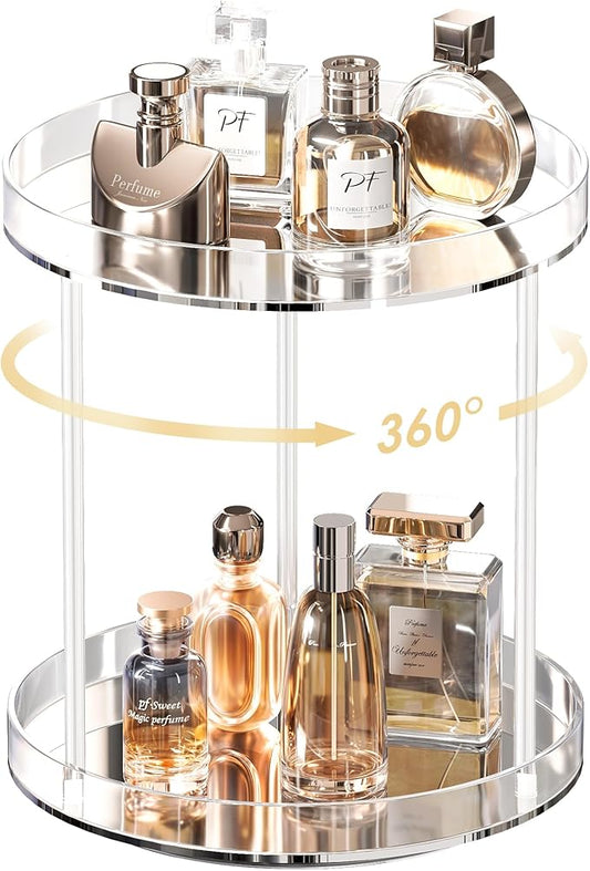 Lolalet 360 Degree Rotating Acrylic Perfume Organizer Stand, 2 Tiers Clear Perfumes Holder Display Rack, Makeup Skincare Organization for Vanity Bathroom Countertop -Large, Clear