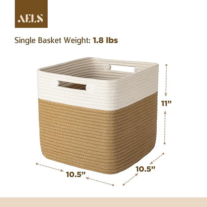 AELS Hand Woven Cotton Baskets for Storage, Cube Storage Bins with Handles, Foldable Collapsible Closet Organizers and Storage, Boho Farmhouse Storage Cubes for Shelves, Beige and Khaki