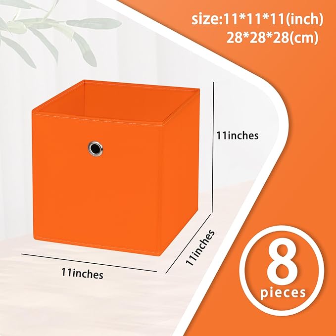 Foldable Storage Cubes Bins ,11 Inch Cloth Storage Cube Fabric Storage Box Cubes Organizer Baskets with Dual Handles for Home Organizer Set of 8 (Orange)