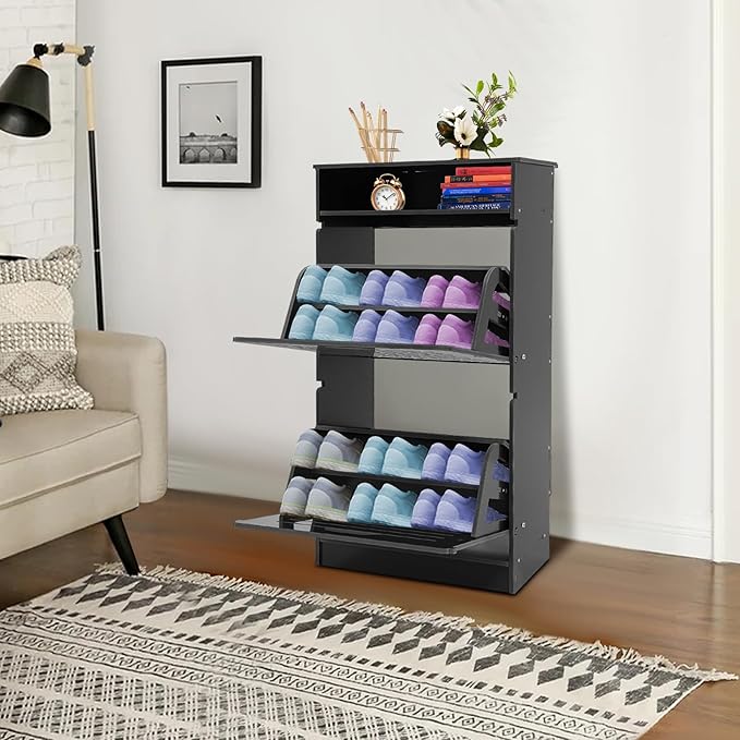 Free Standing Shoe Rack for Entryway, Hidden Narrow Shoe Storage Cabinet w/2 Flip Drawers, Shoe Organizer Cabinet for Bedroom Hallway Home Apartment (Black)