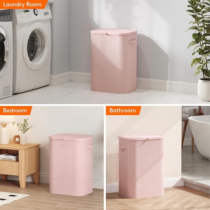 Lifewit 85L Large Laundry Basket with Lid, Laundry Hamper with Plastic Handles and Removable Bag, Foldable Tall Dirty Clothes Hampers for Laundry for Laundry Room, Bedroom, Bathroom, Dorm, Pink