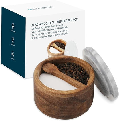 KITCHENDAO Acacia Wood Salt and Pepper Box Cellar Bowl with Grey Marble Lid and Built-in Spoon, Large Salt Container Cellar Storage Herb Sea Bath Salt Spice, Dual 5Oz Capacity