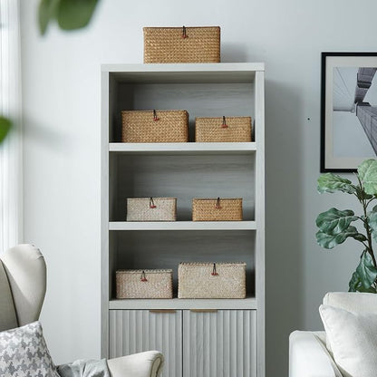 4 Pack, Wicker Baskets with Lids, Nautral Seagrass Storage Baskets, Woven Rectangular Basket Bins, Rattan Storage Organizer for Shelf (Whitewashed, Set of 4)