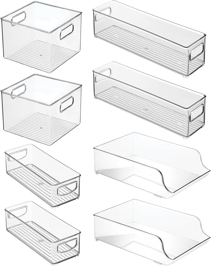 iDesign Fridge Storage Bin Set - Includes Bins with Handles and Water Bottle Holder, Set of 8, Clear