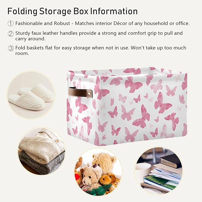 Watercolor Pink Butterfly Storage Basket Bin, Large Cube Storage Box Canvas Collapsible Storage Organizer for Home Office Closet - 15 L x 11 W x 9.5 H
