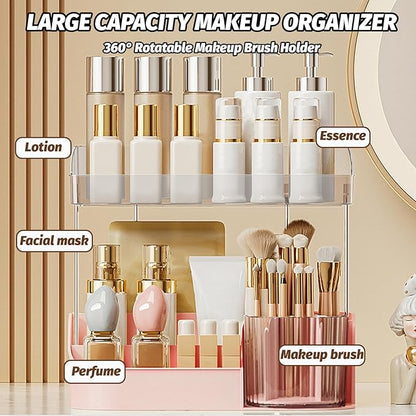 DASITON Large Capacity Makeup Organizer with 360° Rotating Makeup Brush Holder, Perfume and Skincare Storage Organizers for Vanity Bathroom Countertop, Cosmetic Display Case (Pink, 2 Tier)
