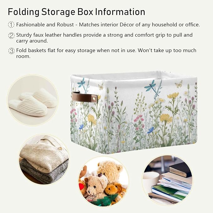 Colorful Herbs And Flowers Storage Baskets,Decorative Collapsible Rectangular Canvas Fabric Storage Bin for Home, 2PACK