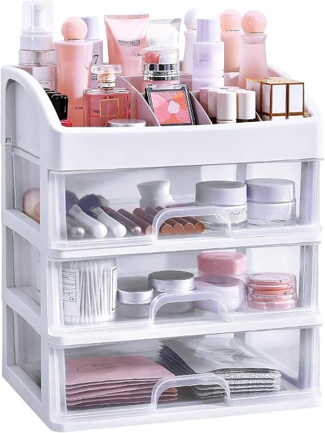 Makeup Organizer with 3 Drawers, Bathroom Vanity Countertop Storage for Cosmetics, Brushes, Lotion, Nail Lipstick and Jewelry (White)