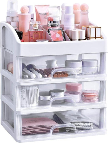 Makeup Organizer with 3 Drawers, Bathroom Vanity Countertop Storage for Cosmetics, Brushes, Lotion, Nail Lipstick and Jewelry (White)