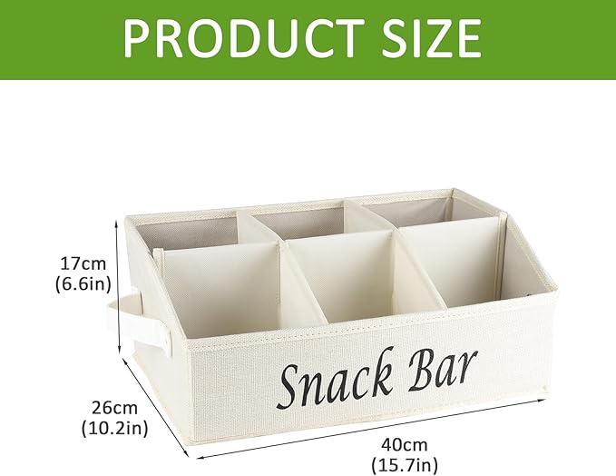 Snack Organizer for Countertop, Trapezoid Fabric Snack Bin with Side Handles, 6 Compartment Snack Basket Container, Lightweight Snack Bar Station Organizer, Kitchen Pantry Storage-Beige