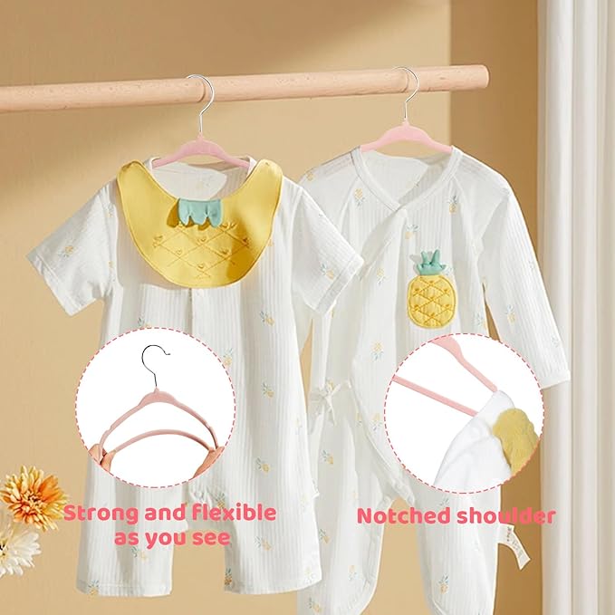 ManGotree 11" Baby Velvet Hangers, Non-Slip Kids Coat Hangers with 360° Swivel Hook, Ultra-Thin Felt Children's Hanger for Infant & Toddler Clothes, 66 Pack (Light Pink)
