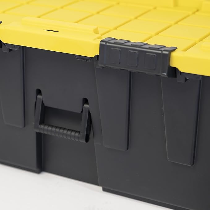 CX BLACK & YELLOW, 20-Gallon Heavy Duty Tough Storage Footlocker & Snap-Tight Lid, (13.4H x 18.2W x 32.3D), Weather-Resistant Design and Stackable Organization Tote [2 Pack]
