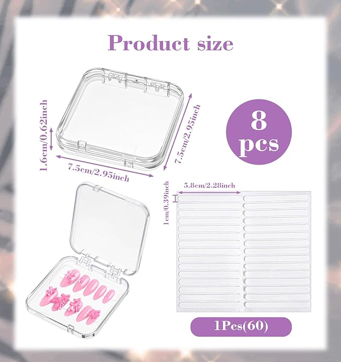 8Pcs Press On Nail Cases, Press On Nails Packaging Transparent Nails Storage Box for Manicurist & Enthusiasts, Includes 60Pcs Double Sided Adhesive Tape Organizing Lightweight