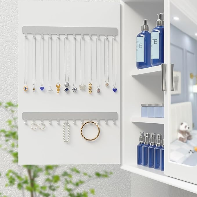 Necklace Holder Wall Organizer - Jewelry Hanging Hooks for Necklaces, Bracelets, Earrings - Easy Stick-On Installation - Space-Saving Metal Design, Silver