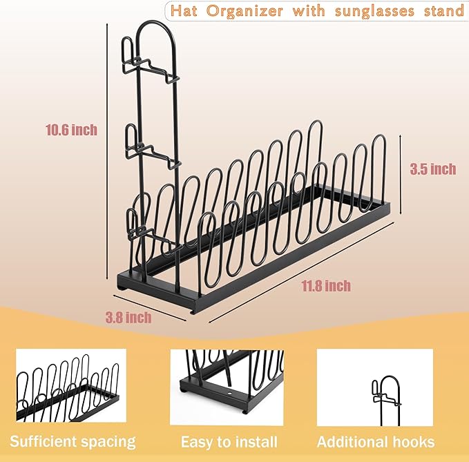 Hat Stand for Baseball Caps for 8 Hats Hat Rack Holder with sunglasses stand, Tabletop Hat Display Stand for Closet Organizers and Storage