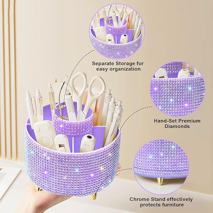 Diesisa Bling Diamond 360° Makeup Brush Holder Organizer, Rotating Makeup Brush Organizer,5 Slot Make up Brushes Cup for Cosmetics, Vanity Desktop Organizer, Gift for Women Teen Girls- Diamond Purple