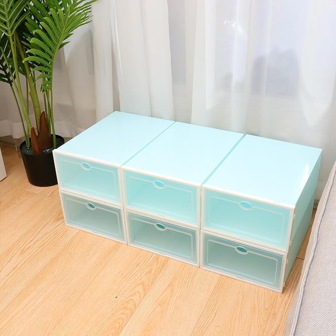 6pcs Stackable Plastic Shoe Storage Boxes with Lids, Thickened Shoe Containers with White Frame for Men’s Sneaker Organization and Closet Storage