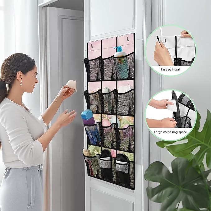 Door Hanging Organizer, Spring Tulip Bunny Over the Door Shoe Rack 12-Pocket Heavy Duty Space Saving Door Hanging Storage Bag for Bathroom Bedroom Small Spaces Easter Gifts