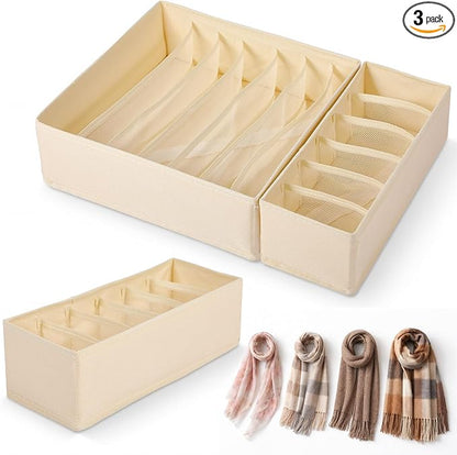 Soft Scarf Organizer for Drawer 3 Set Fabric Storage Bins with 6, 7, and 8 Compartments for Scarves and Accessories Non-damaging Flexible Storage for Home Organization (Beige)