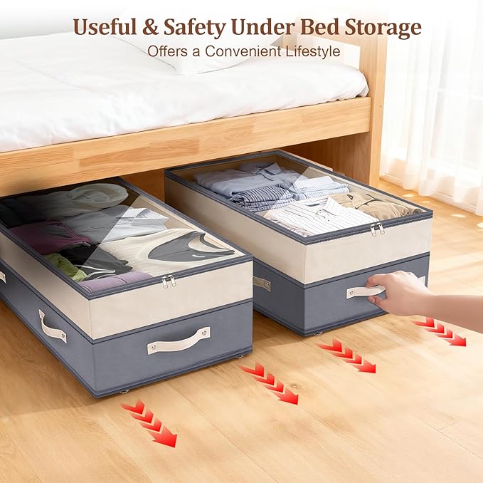 Dolicer 4 Pack Under Bed Storage with Wheels, 6in-10in Height Adjustable Underbed Storage Containers, 92L XXXL Under Bed Drawers Rolling Bin with Clear Lids for Dorm Shoes Clothes Organizer(Dark Grey)