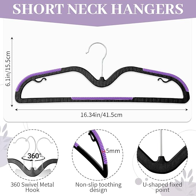 LemonRoad 36 Pack Short Neck Hangers, Upgraded Non-Slip Plastic Hangers Lifts Clothes 3" Higher, Space Saving 360 Swivel Hook for Closet Organizer, Shirts Jackets Dresses, Smooth (Black Purple)