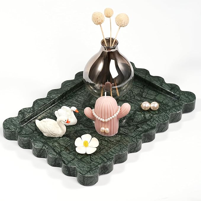 Scalloped Green Marble Tray - Large Home Decorative Stone Vanity Perfume Candle Plates for Bathroom Accessories Coffee Table, Key Dish for Kitchen Countertop Entryway (10.6" x 7.4" x 0.8")